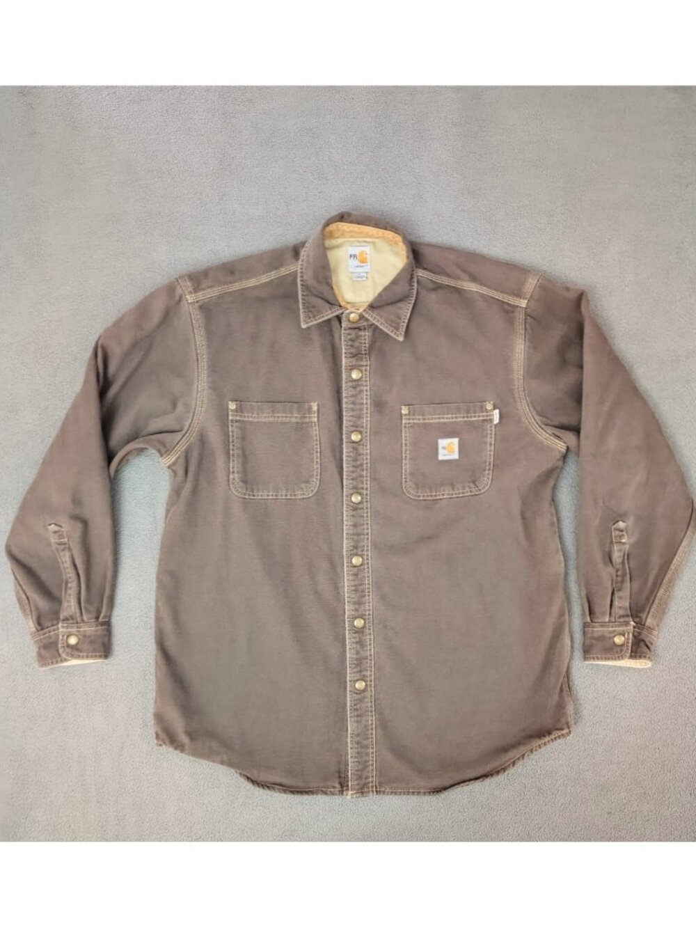 Carhartt Mens FR CAT 3 Canvas Shirt Jacket (L) Brown Denim Lined Snap Up Shacket